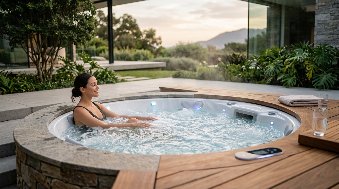 Pessoa sorrindo e relaxando em um spa externo com água borbulhante e quente da Nicetubs ao pôr do sol