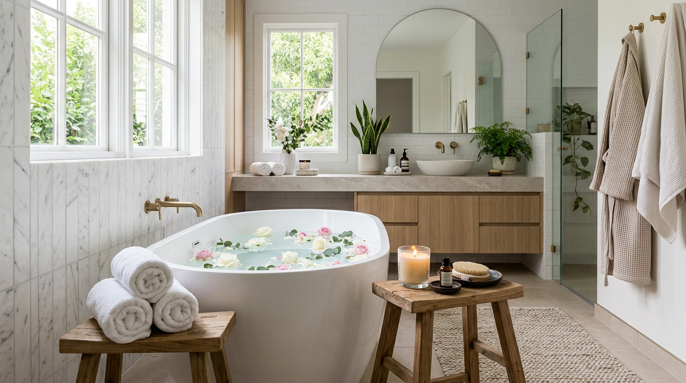 Banheiro luxuoso transformado em spa com banheira de hidromassagem e velas aromáticas, perfeito para relaxar em casa