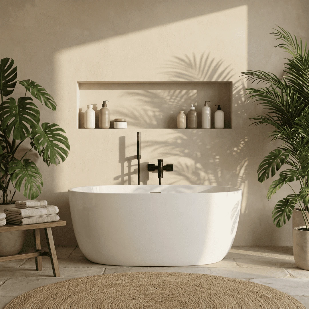 Banheira Immersi Taípe Glossy White auto-portante com design moderno e elegante em ambiente clean