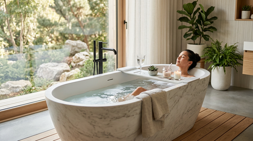 Banheira de luxo branca em banheiro moderno com vista para a natureza, realçando o relaxamento e o design sofisticado.