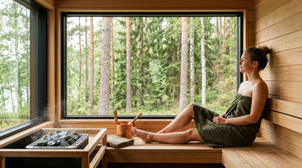 Pessoa relaxando em uma sauna de madeira com vapor e benefícios para a saúde ao fundo, Brasil.
