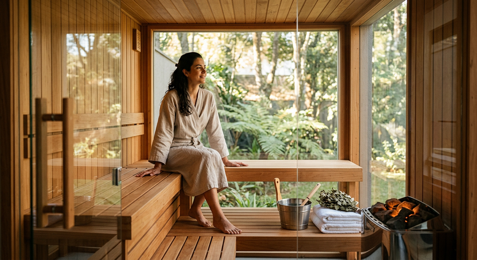 Homem relaxando em sauna moderna de madeira dentro de casa, com toalha e pedras quentes, ilustrando a instalação de sauna em casa e o bem-estar.