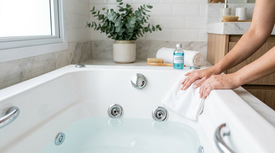 Banheira de hidromassagem moderna sendo limpa com produtos, destacando a importância da higiene dos jatos para o bem-estar