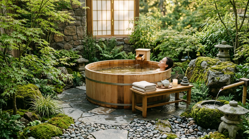 Mulher meditando ao lado de um ofurô de madeira em um ambiente externo com plantas e iluminação suave. Palavra-chave principal: ambiente ofurô zen.