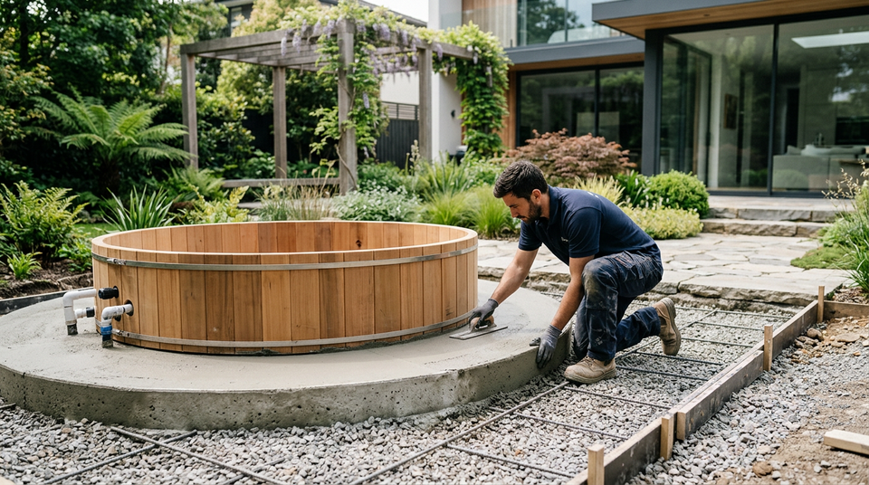 Homem inspecionando uma base de concreto nivelada para instalação de spa externo com ferramentas de medição e projeto arquitetônico ao fundo