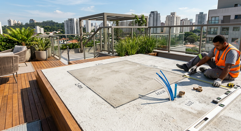 Engenheiro civil verificando a laje para a instalação de um spa de hidromassagem em área externa, com ferramentas e plantas de projeto, transmitindo segurança e planejamento.