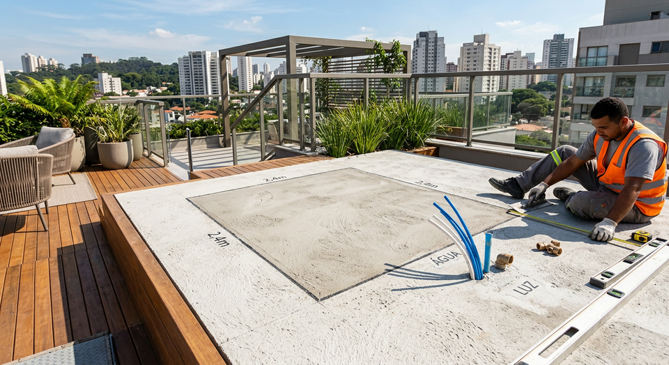 Engenheiro civil verificando a laje para a instalação de um spa de hidromassagem em área externa, com ferramentas e plantas de projeto, transmitindo segurança e planejamento.