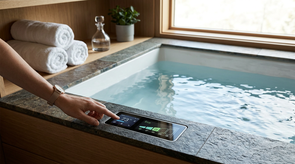 Pessoa relaxando em uma hidromassagem moderna com jatos ligados e vapor, destacando a eficiência energética e o conforto em sua casa, com equipamentos Nicetubs.