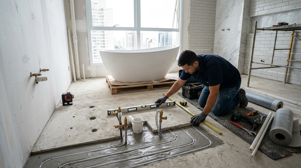 Engenheiro civil analisando a planta estrutural de um apartamento para instalação de banheira de imersão