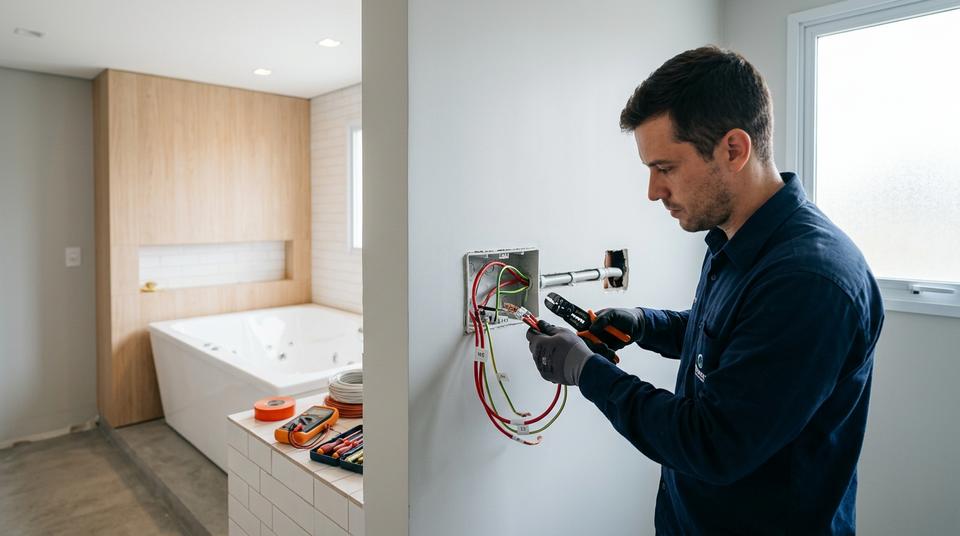 Banheira de hidromassagem instalada com sistema elétrico seguro em banheiro de apartamento, com detalhes de fiação e DR, instalação elétrica banheira hidromassagem