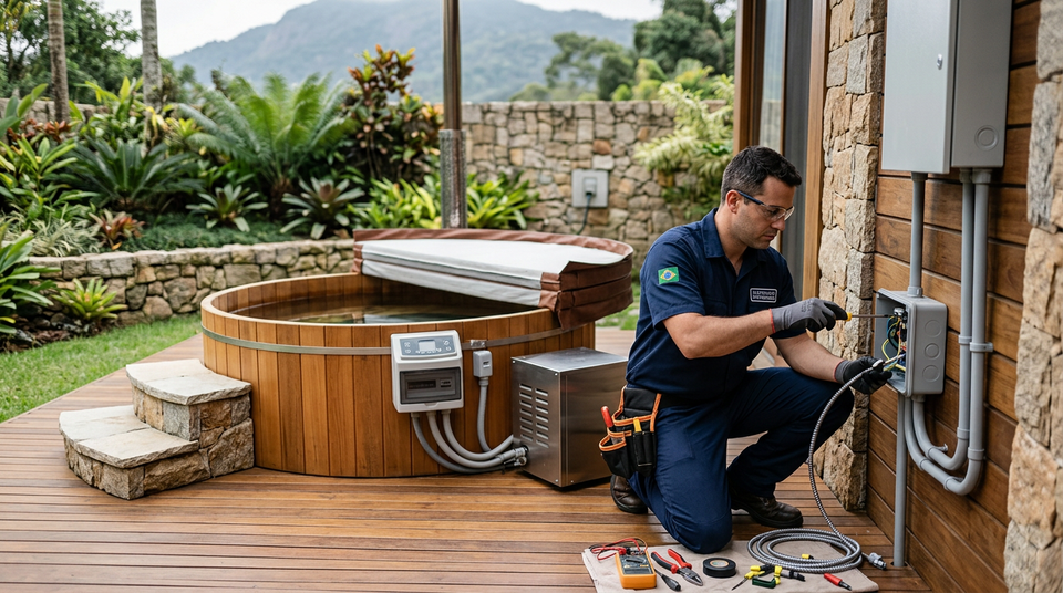 Eletricista instalando fiação para ofurô aquecido com segurança