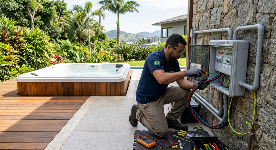 Instalação elétrica segura para spa externo com eletricista qualificado e equipamentos de proteção no Brasil