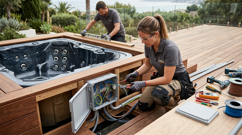 Eletricista inspecionando a fiação elétrica de um spa de embutir em deck de madeira, com foco na segurança e conformidade da instalação, em ambiente externo com paisagismo.