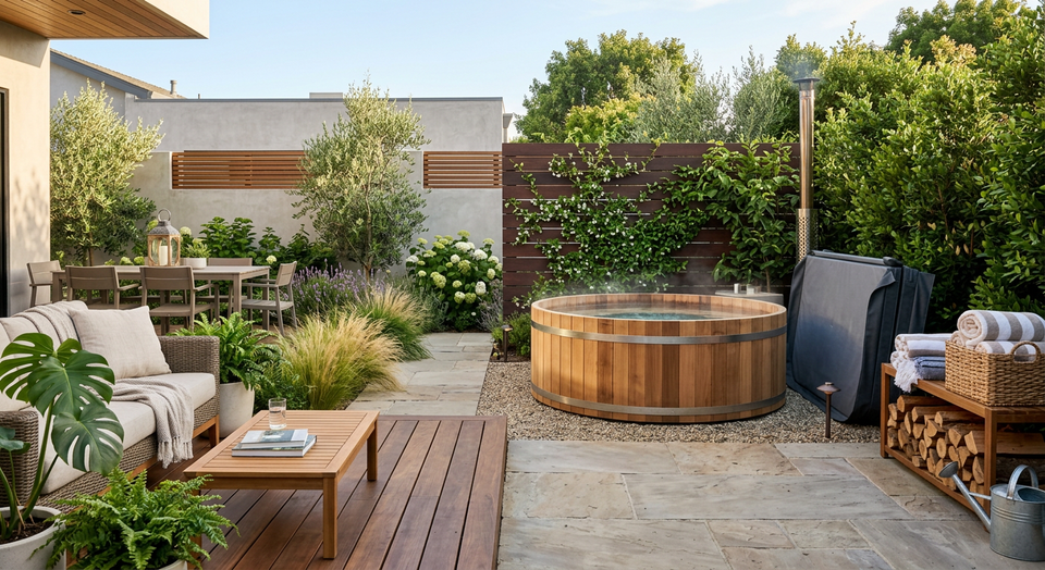 Área externa com spa moderno Nicetubs instalado em deck de madeira, com plantas ao redor e iluminação suave, ideal para relaxamento