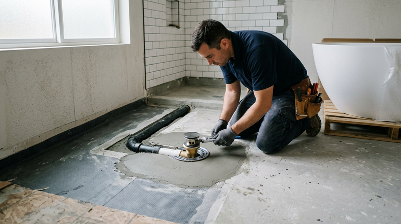 Engenheiro civil avaliando o piso de um banheiro para instalação de banheira de imersão com ferramentas de medição