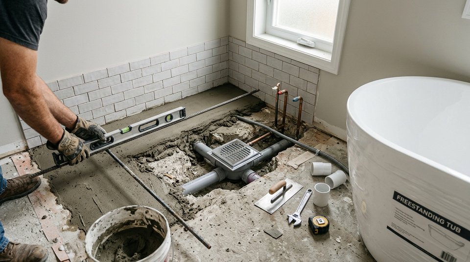 Banheira de imersão moderna em banheiro pequeno com piso preparado e drenagem visível, Nicetubs.