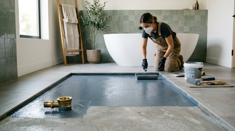 Trabalhador aplicando manta asfáltica no piso de um banheiro antes da instalação de uma banheira de imersão, com foco na impermeabilização para banheira de imersão.