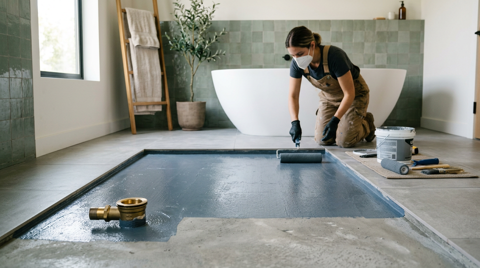Trabalhador aplicando manta asfáltica no piso de um banheiro antes da instalação de uma banheira de imersão, com foco na impermeabilização para banheira de imersão.