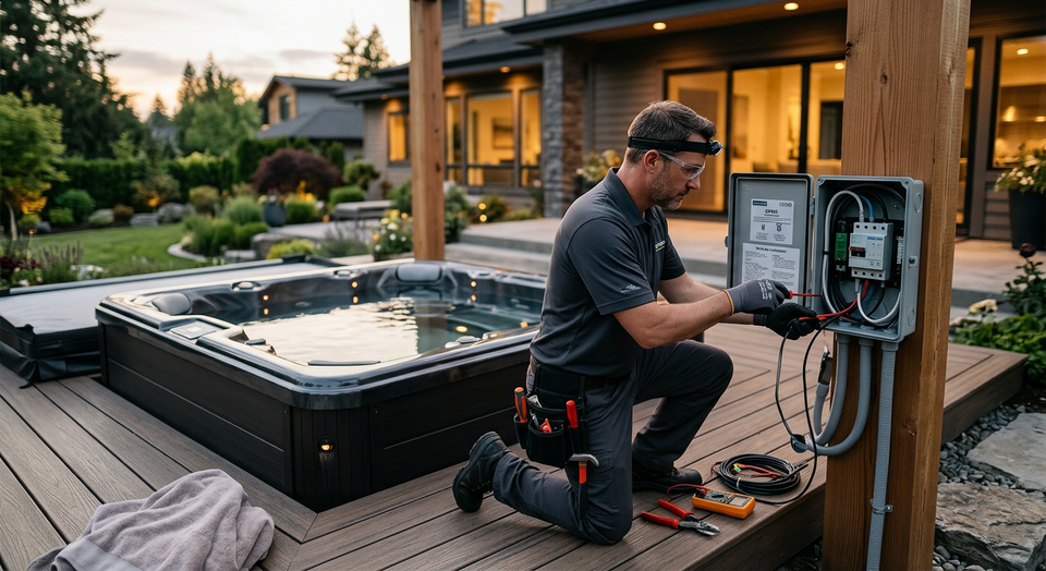 Eletricista inspecionando o quadro de distribuição elétrico de uma residência enquanto planeja a instalação de um spa da Nicetubs em uma área externa da casa
