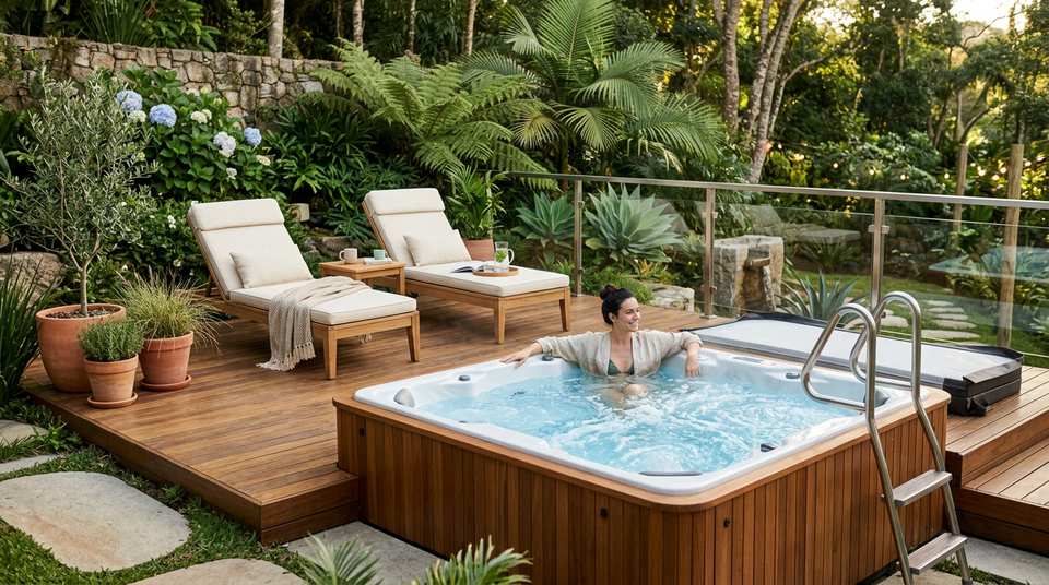 Spa moderno em deck de madeira com paisagismo exuberante e iluminação noturna, ideal para relaxamento em área externa.