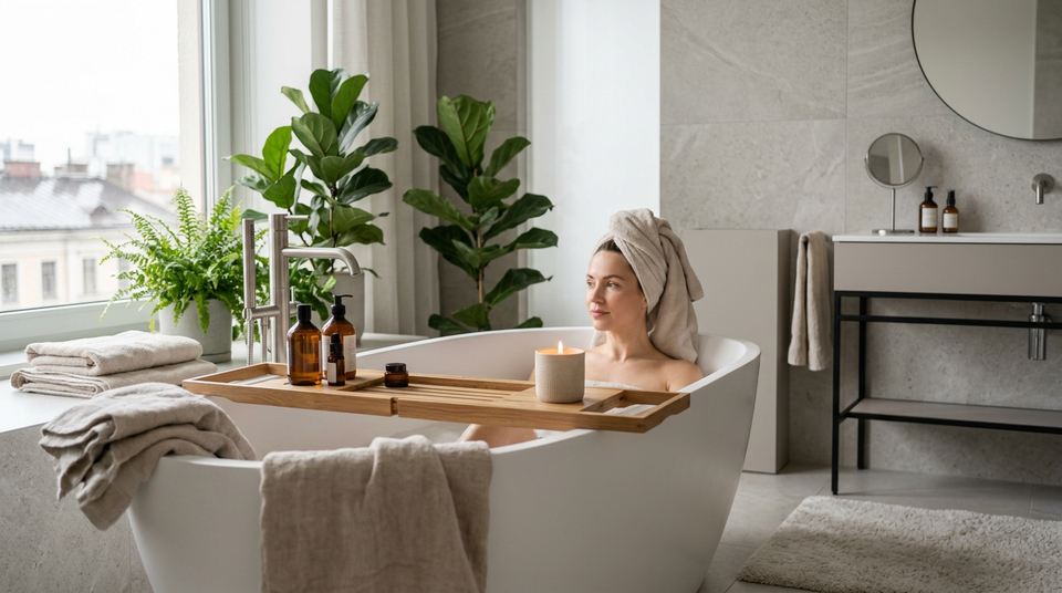 Pessoa relaxando em um spa em apartamento com vista para a cidade, exemplificando spa em apartamento