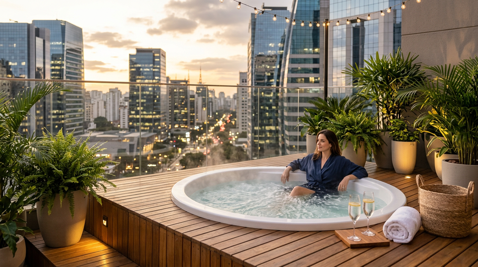 Casal relaxando em um moderno spa de hidromassagem instalado em uma cobertura urbana com vista panorâmica da cidade e luzes ao fundo
