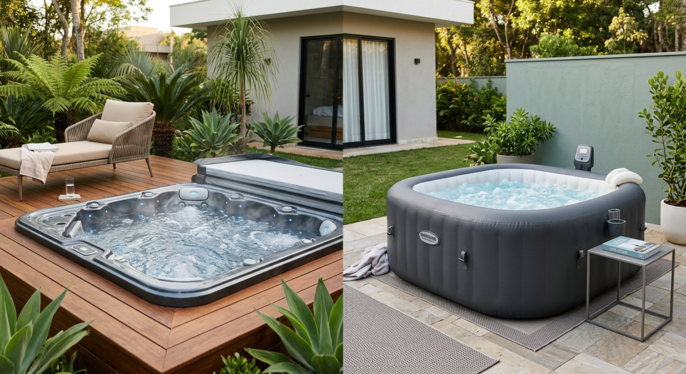 Piscina inflável e banheira de hidromassagem rígida lado a lado, mostrando as diferenças para escolha do melhor spa para sua casa no Brasil.