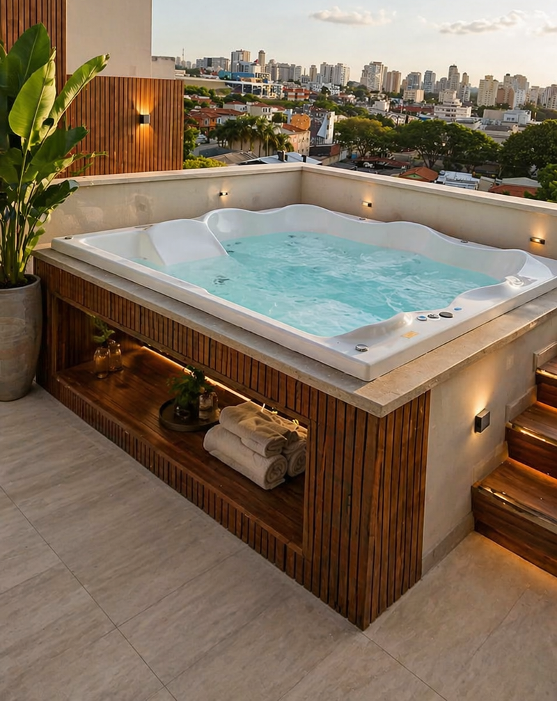 Spa Cassino Mondialle cercado por deck de madeira com iluminação embutida
